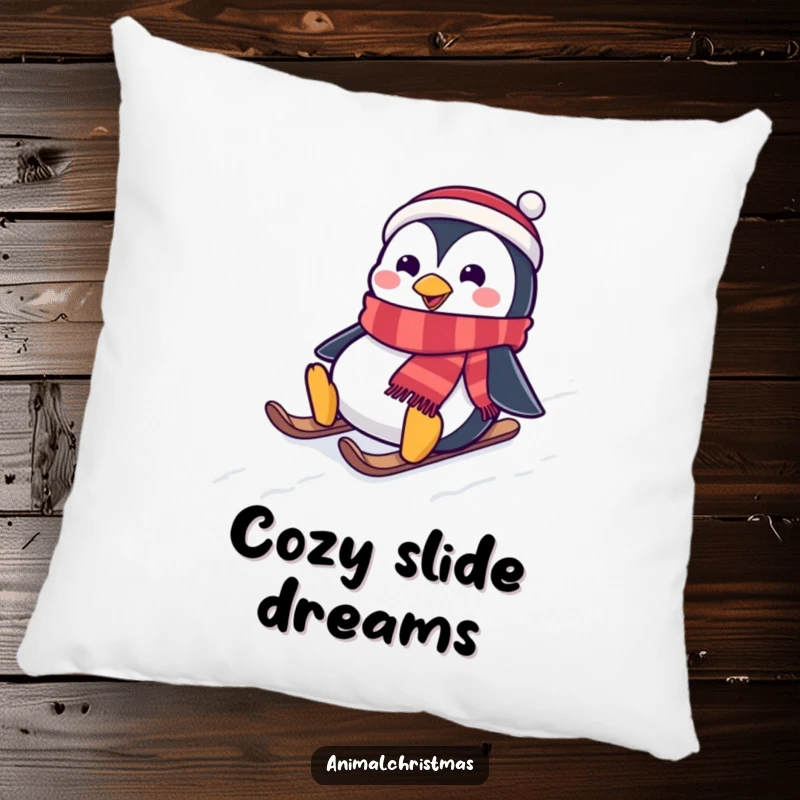 Funny pillow featuring a penguin wearing a festive scarf, joyfully sliding down a snowy hill, adding winter comfort and charm.
