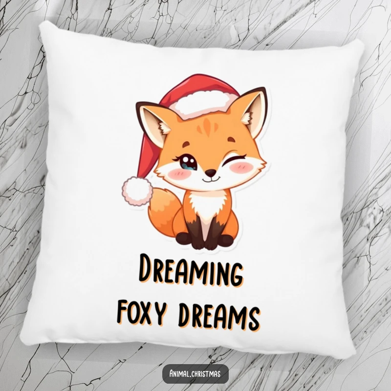 Funny decorative pillow with a sly fox wearing a Santa hat, exuding a mischievous twinkle.
