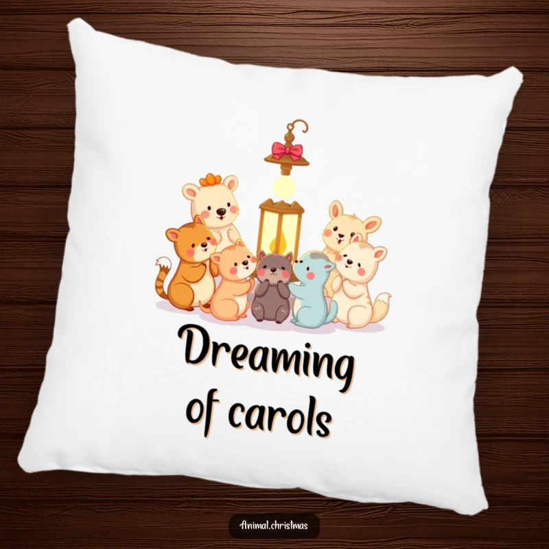 Funny animal carolers pillow featuring happy animals singing carols around a glowing lantern, perfect for cozy seating.