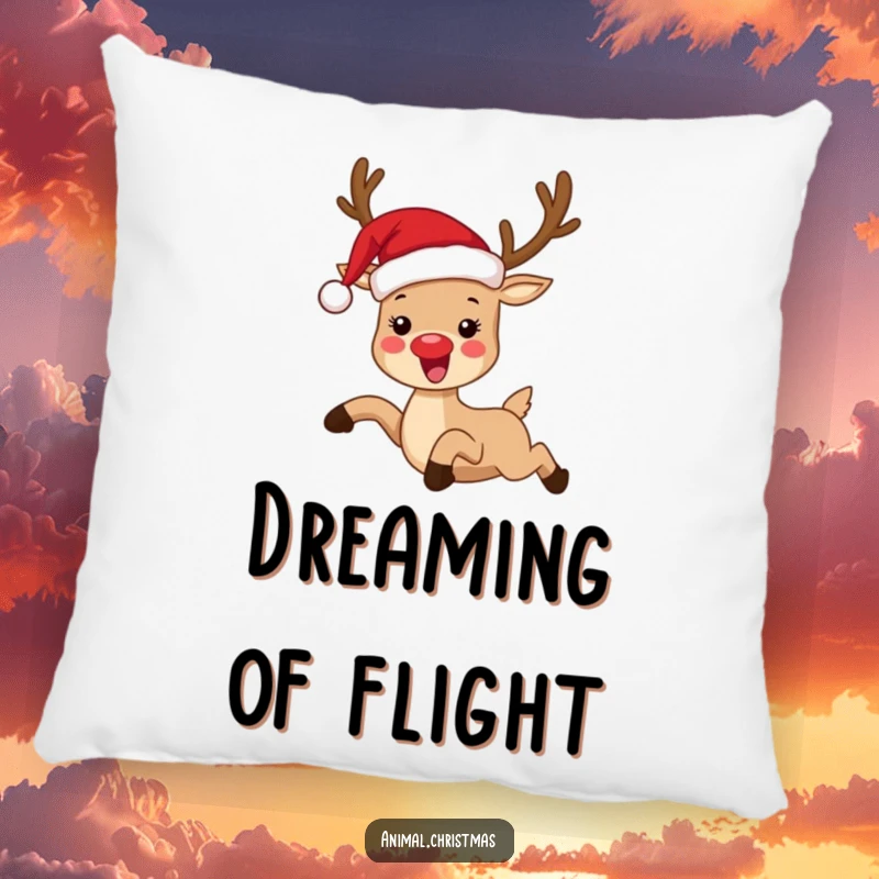 Funny pillow with a reindeer in a Santa hat, gleefully leaping, adding a touch of humorous holiday comfort to any room.