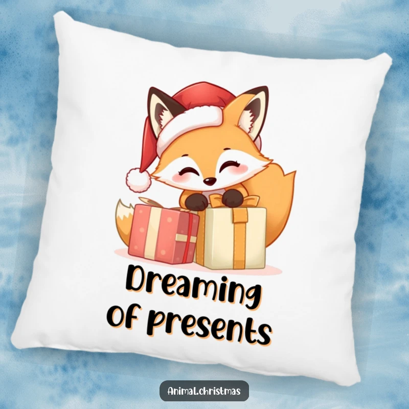 Funny Fox Santa Pillow, a cute cartoon fox in a Santa hat opening a Christmas present, offering comfort and a touch of festive, humorous holiday charm.