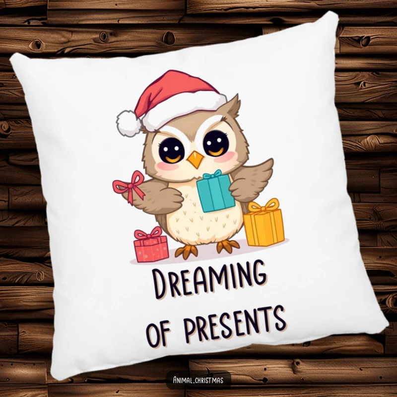 Funny decorative pillow with a cute owl dressed as Santa, presenting gifts with a heartwarming holiday glow.