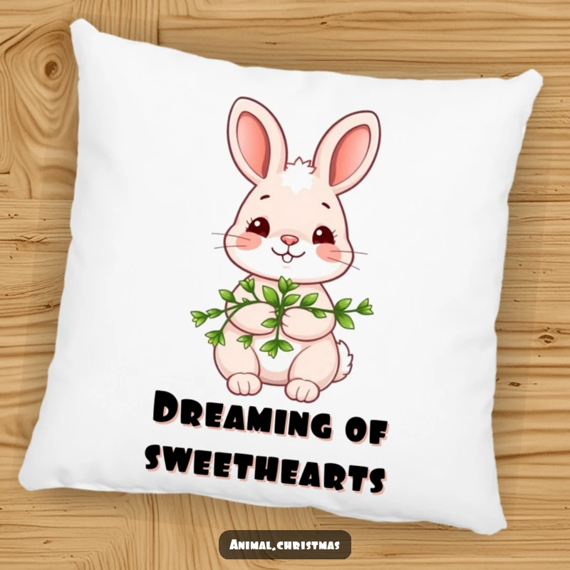 Funny kawaii bunny pillow, holding mistletoe with a shy smile, soft and decorative cushion, cute holiday home accent.