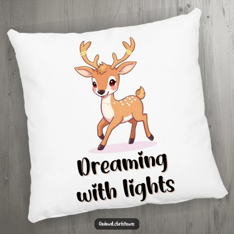 Funny deer Christmas pillow with a happy deer prancing with twinkling lights woven into its antlers, adding cozy holiday charm.