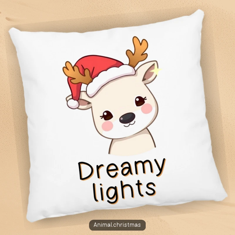 Funny pillow featuring an animal wearing festive antlers, curiously gazing at a twinkling light, adding cozy holiday magic.