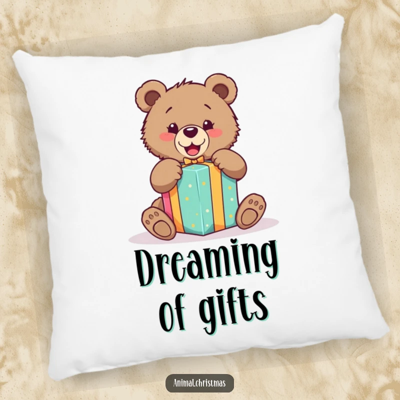 Funny pillow featuring an excited bear cub eagerly unwrapping a vividly colored gift, adding a touch of joy to any room.