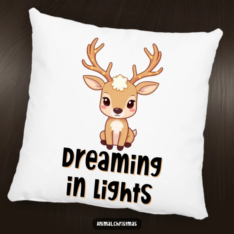 Funny deer pillow with antlers adorned with twinkling lights, soft and festive decor.
