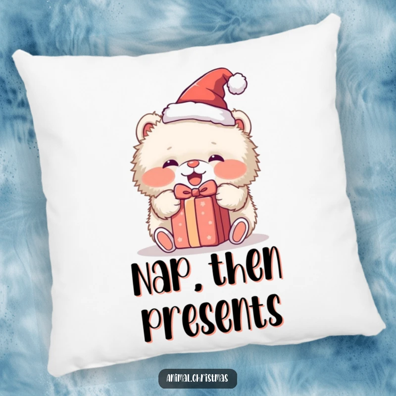 Funny pillow with a fluffy animal wearing a Santa hat, gleefully unwrapping a present, adding comfort and holiday humor to any space.