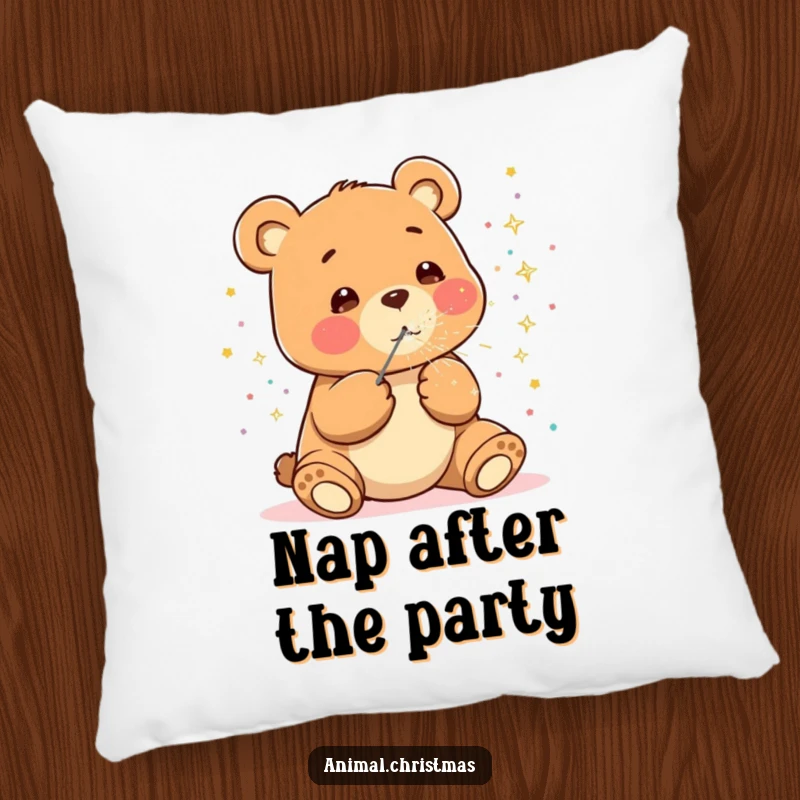 Funny kawaii bear pillow, happily blowing sparkly confetti, soft and decorative cushion, cute celebration home accent.