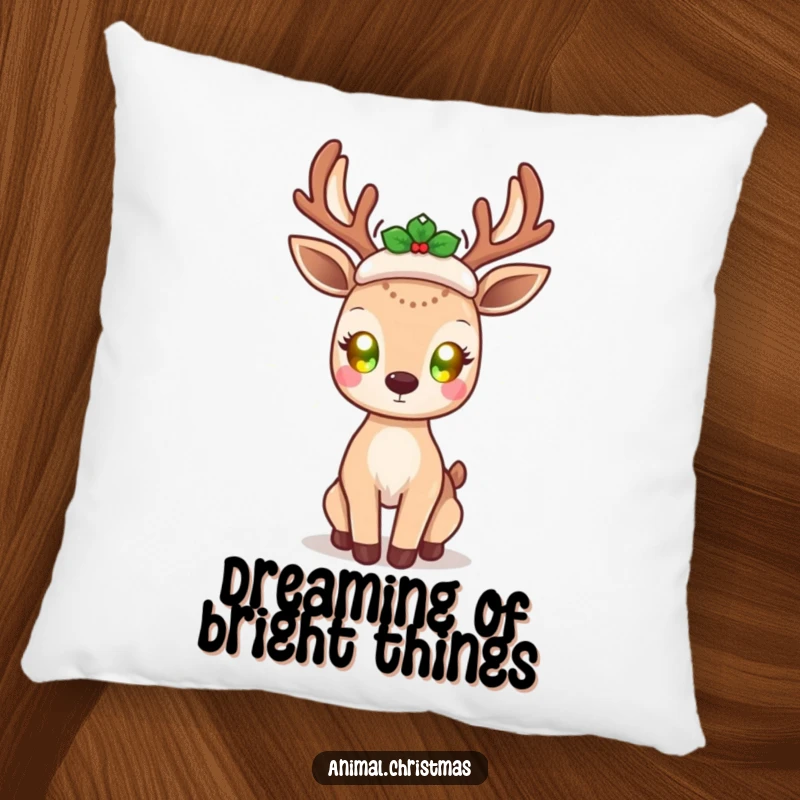 Funny kawaii deer pillow, with glowing eyes, radiating holiday cheer, soft and decorative cushion, cute holiday home accent.