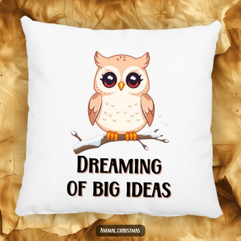 Funny kawaii owl pillow, twinkling eyes, resting on a snowy branch, soft and decorative cushion, cute winter home accent.