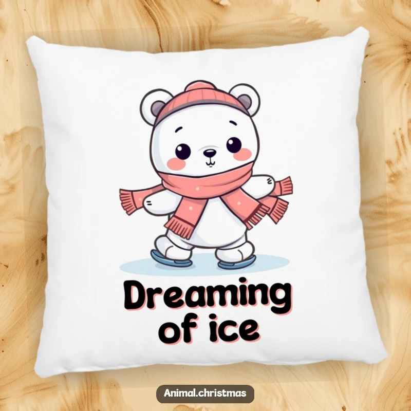 Funny kawaii polar bear ice skating with a scarf on a soft pillow, offering humorous and cozy winter decor.