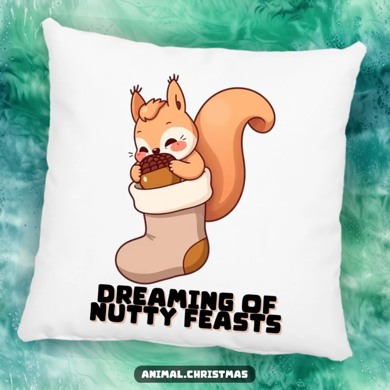Funny kawaii squirrel pillow, stuffing a giant acorn into a Christmas stocking, soft and decorative cushion, cute holiday home accent.