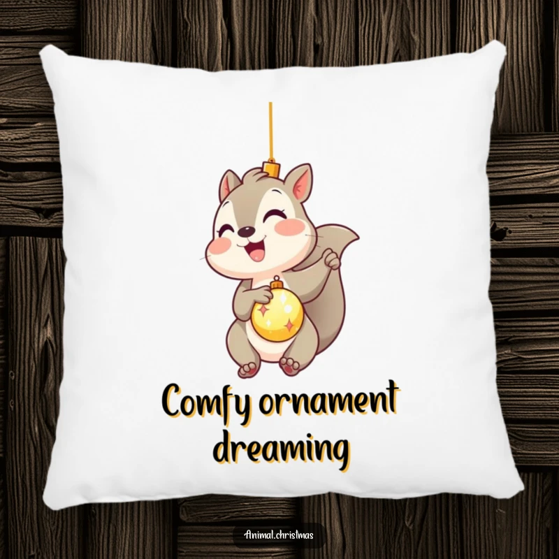 Funny kawaii squirrel gleefully hanging an ornament on a soft pillow, offering humorous and cozy holiday decor.