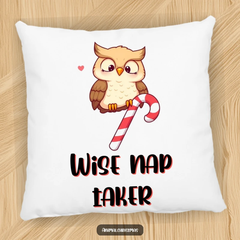 Funny pillow with a wise owl perched on a candy cane, hooting merrily, offering comfort and festive charm.