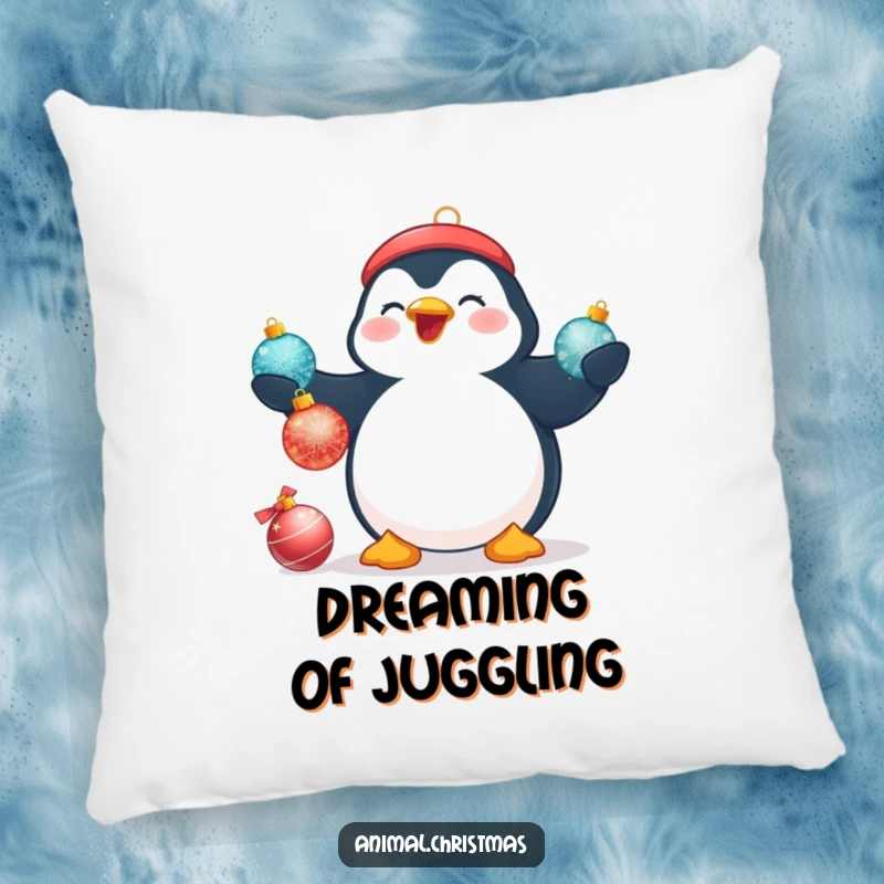 Funny Christmas pillow featuring a plump penguin beaming while attempting to juggle three shimmering Christmas baubles.