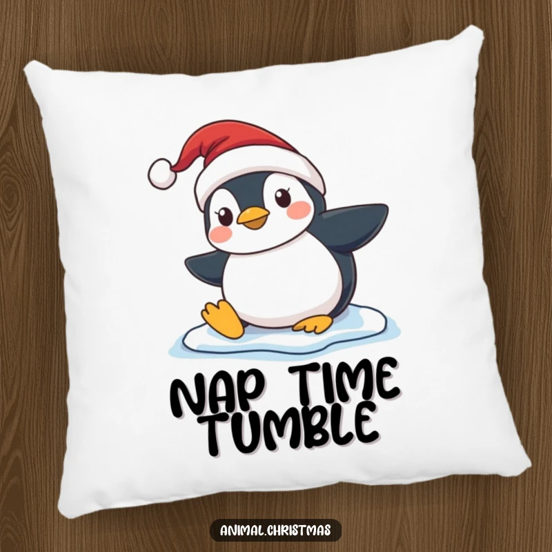 Funny Penguin Slip Pillow, a cute cartoon penguin wearing a Santa hat comically slipping on ice, offering comfort and a touch of winter humor.