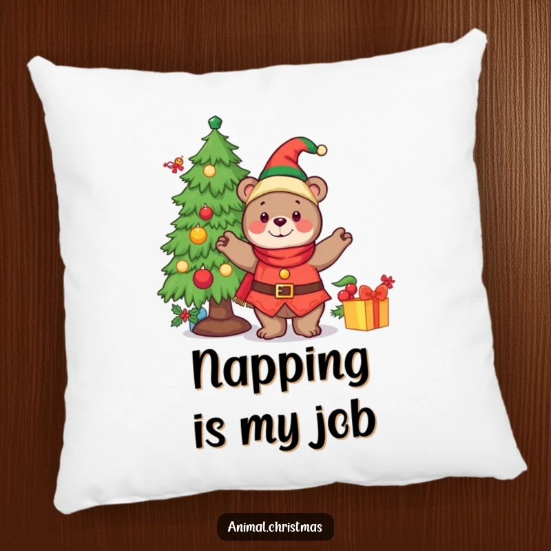 Funny decorative pillow with a cheerful bear elf decorating a Christmas tree, adding festive charm.
