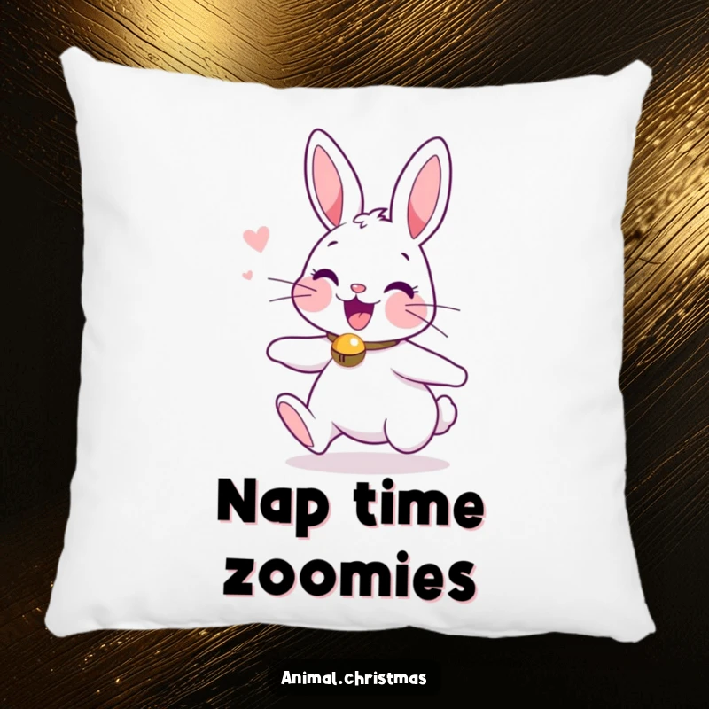 Funny decorative pillow showcasing an excited bunny with a jingle bell collar, radiating holiday happiness.