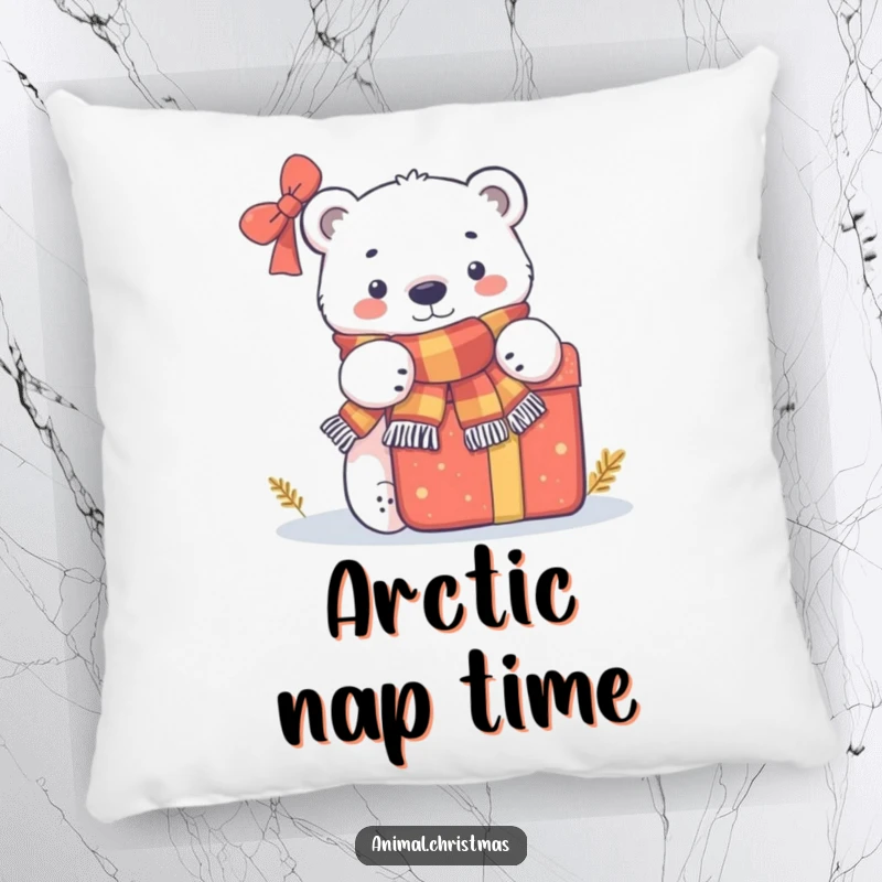 Funny pillow featuring a polar bear in a scarf peeking from behind a large present, providing cozy winter vibes.