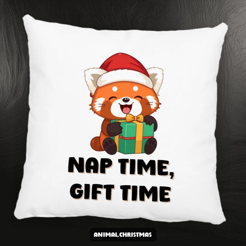 Funny red panda Santa pillow with a red panda joyfully unwrapping a gift while wearing a Santa hat, adding cozy holiday charm.