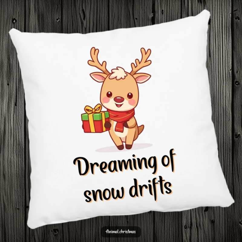 Funny Reindeer Pillow: A cute, smiling reindeer delivering a gift, perfect for festive and cozy home accents.