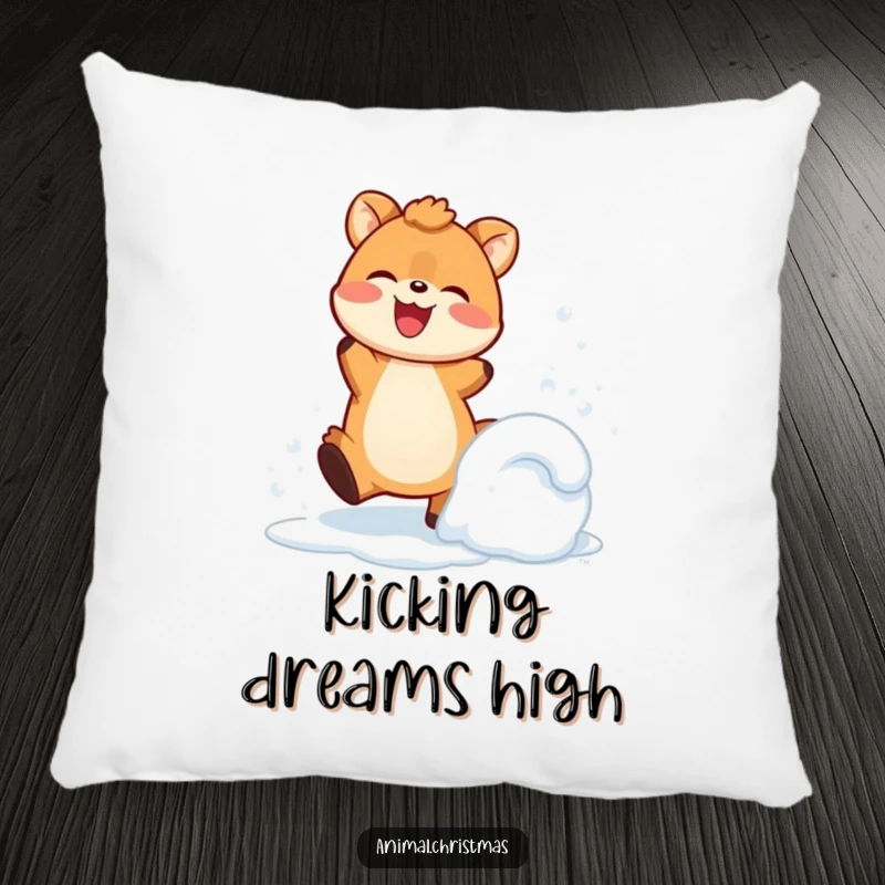 Funny Pillow: An animal joyfully kicks up snow with a happy expression, bringing energetic winter cheer.