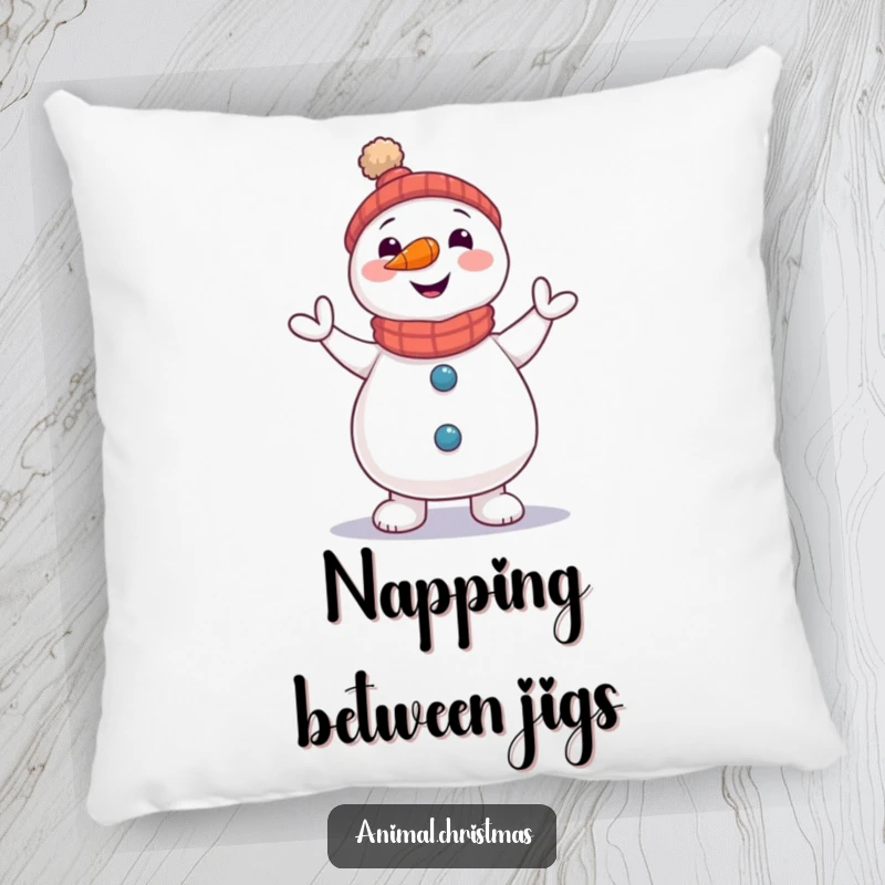 Funny Snowman Jig Pillow: A snowman with a carrot nose doing a little jig, perfect for cozy and fun decor.