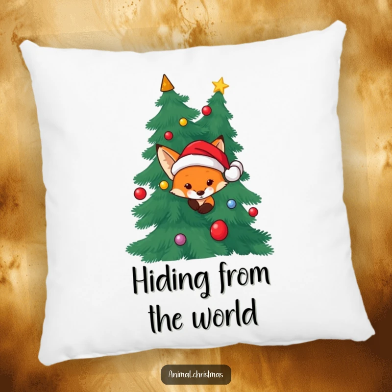 Funny Fox Santa Pillow: A fox wearing a Santa hat peeking from behind a Christmas tree, perfect for cozy and fun decor.