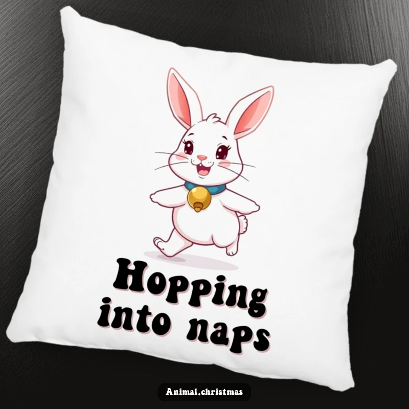 Funny rabbit pillow, a cute bunny with a jingle bell collar, hopping merrily, soft and decorative.