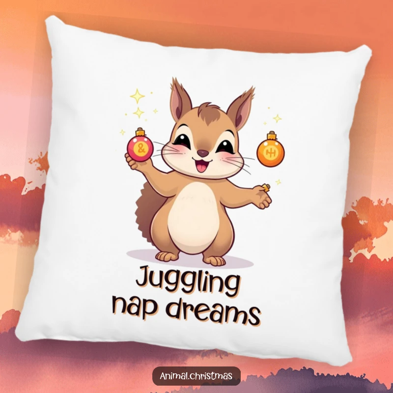 Funny pillow featuring a squirrel energetically juggling tiny, sparkling Christmas ornaments, adding festive comfort and whimsical charm.