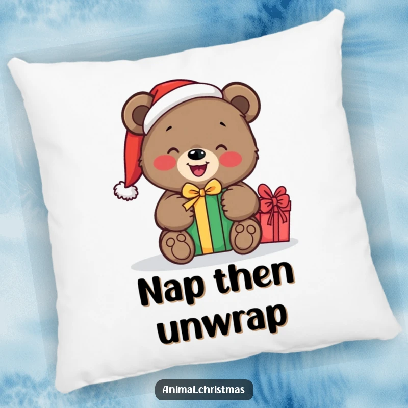 Funny pillow featuring a bear wearing a Santa hat, joyfully unwrapping a gift, adding festive comfort and humor to any seating area.