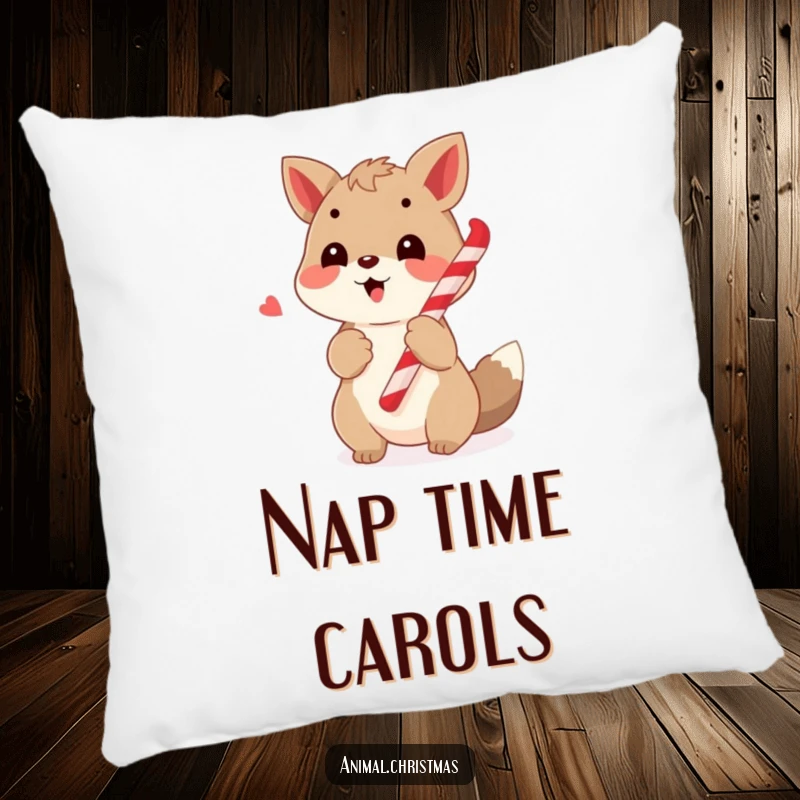 Funny decorative pillow featuring a happy animal caroling with a candy cane, ideal for cozying up with holiday tunes.