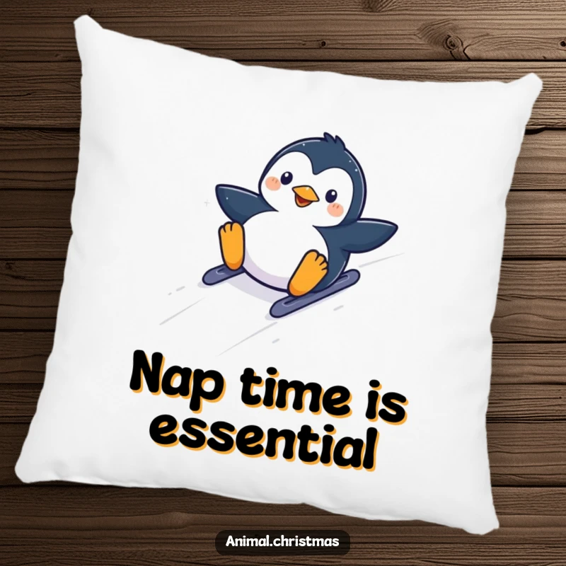 Funny kawaii penguin sliding down a snowy hill with glee, a soft and cozy decorative pillow.