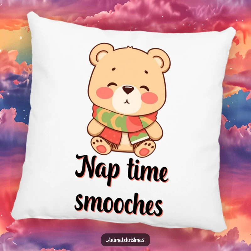 Funny Bear Kiss Pillow, a cute cartoon bear wearing a festive scarf blows a kiss, offering comfort and a touch of sweet, humorous affection.