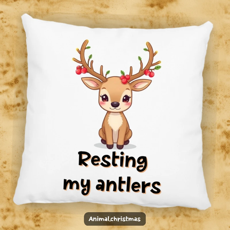 Funny pillow showcasing a deer with festive antlers covered in glowing berries, offering comfort and mystical charm.