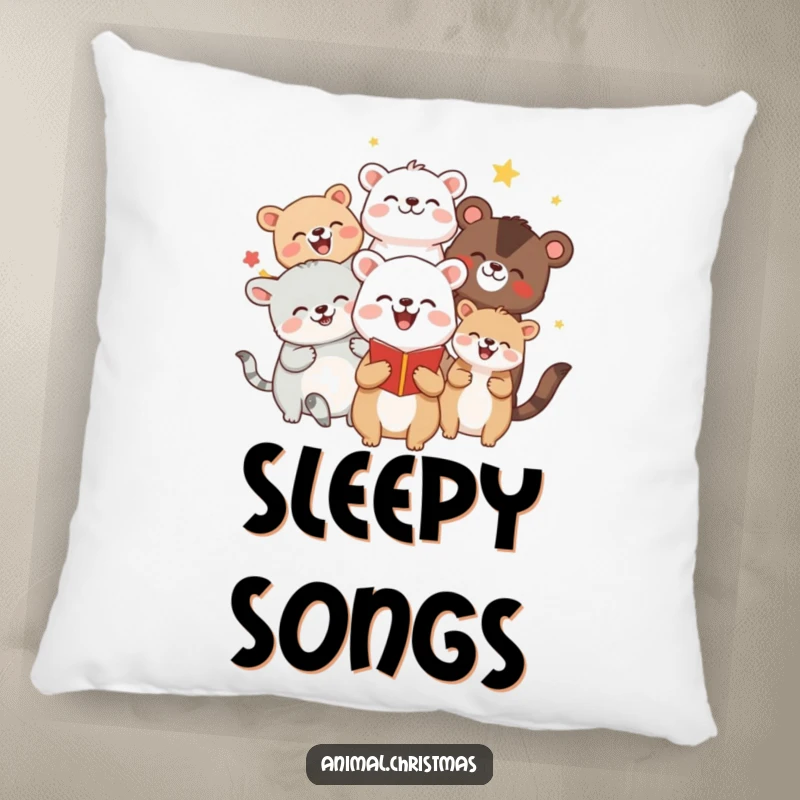 Funny pillow featuring a group of animals joyfully caroling, adding comfort and musical cheer to any seating area or bed.