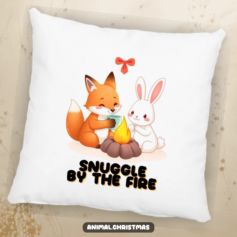 Funny fox and rabbit pillow featuring friends sharing a warm mug by a festive fire, perfect for cozy relaxation.