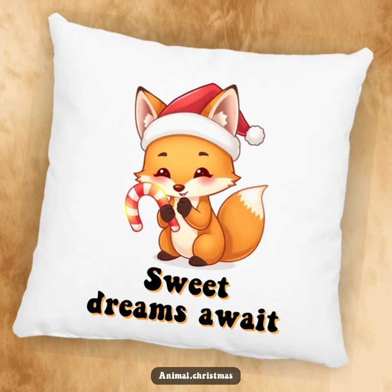 Funny pillow featuring a fox wearing a Santa hat, holding a glowing candy cane, adding festive comfort and whimsical charm.
