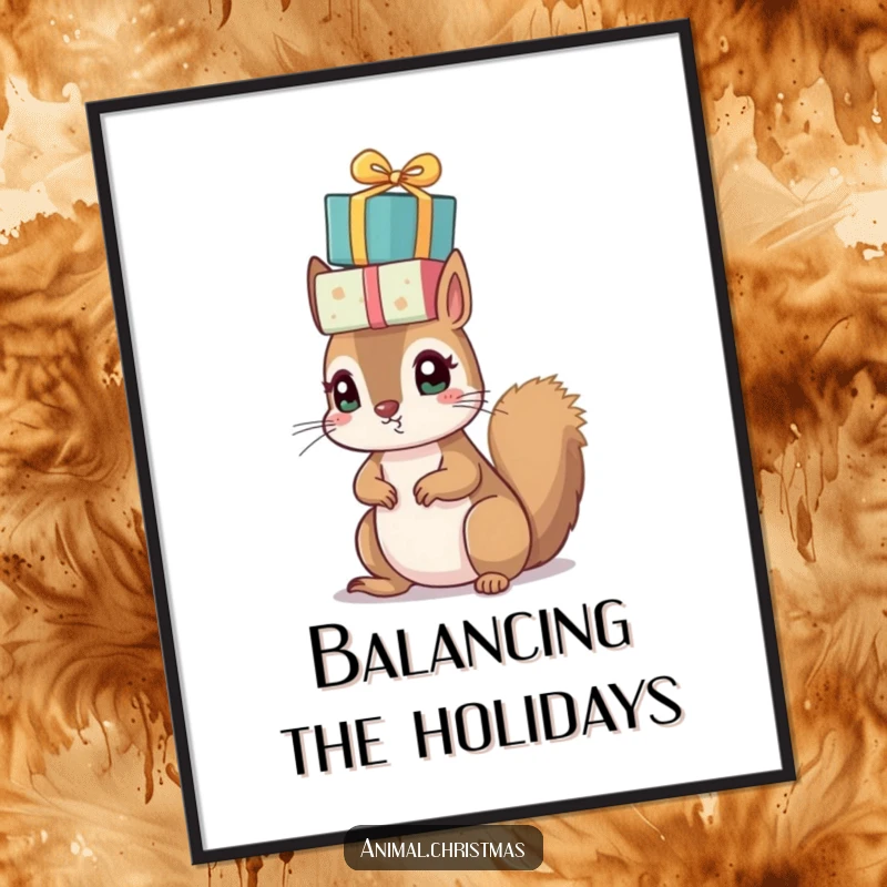 Funny Christmas digital art print of a small squirrel with bright eyes, precariously balancing a pile of wrapped presents on its head.