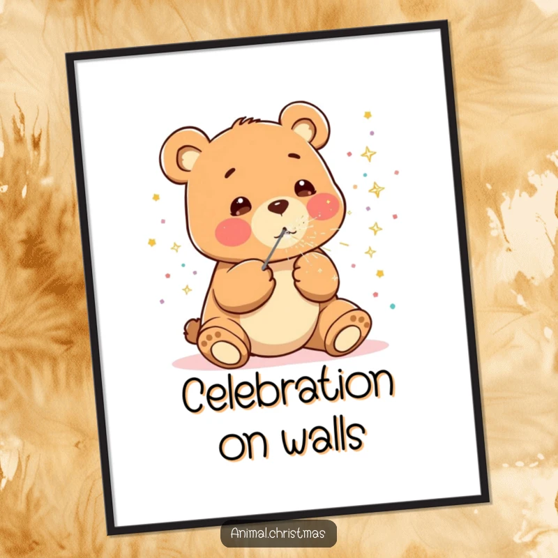 Funny kawaii bear digital art print, happily blowing sparkly confetti, downloadable cute celebration illustration.