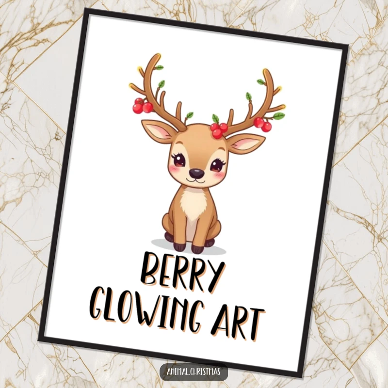 Funny digital art print of a deer with festive antlers adorned with glowing berries, creating a magical and enchanting scene.