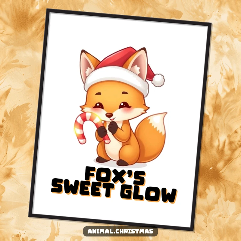 Funny digital art print of a fox wearing a Santa hat, holding a glowing candy cane, perfect for festive wall decor.