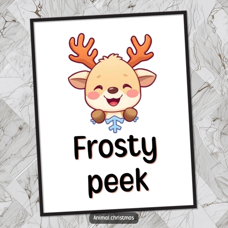 Funny digital art print of a cute animal with antlers, gleefully peeking from behind a snowflake, perfect for instant holiday decoration.