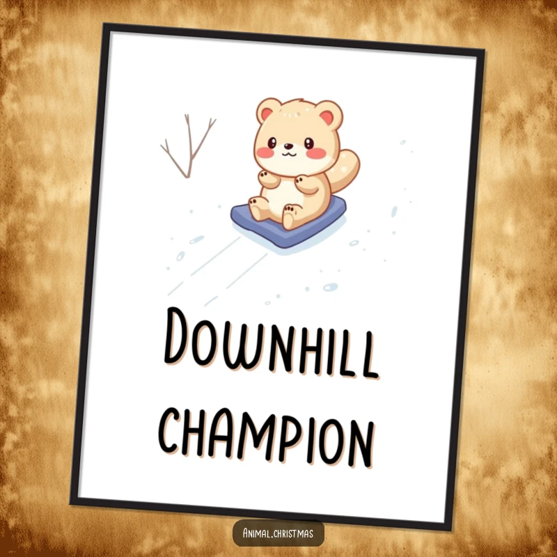 Funny Digital Art Print: An animated animal slides down a snowy hill, radiating pure wintertime joy and humor.