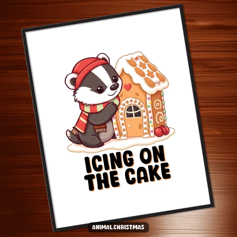 Funny badger baking digital art of a badger in a festive scarf decorating a gingerbread house with icing, perfect for kitchen decor.