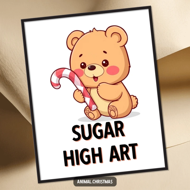 Funny digital art print featuring an excited bear cub holding a candy cane, radiating happiness and holiday spirit.