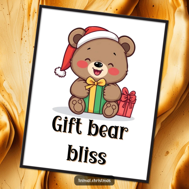 Funny digital art print of a bear wearing a Santa hat, joyfully unwrapping a present, perfect for festive wall decor.