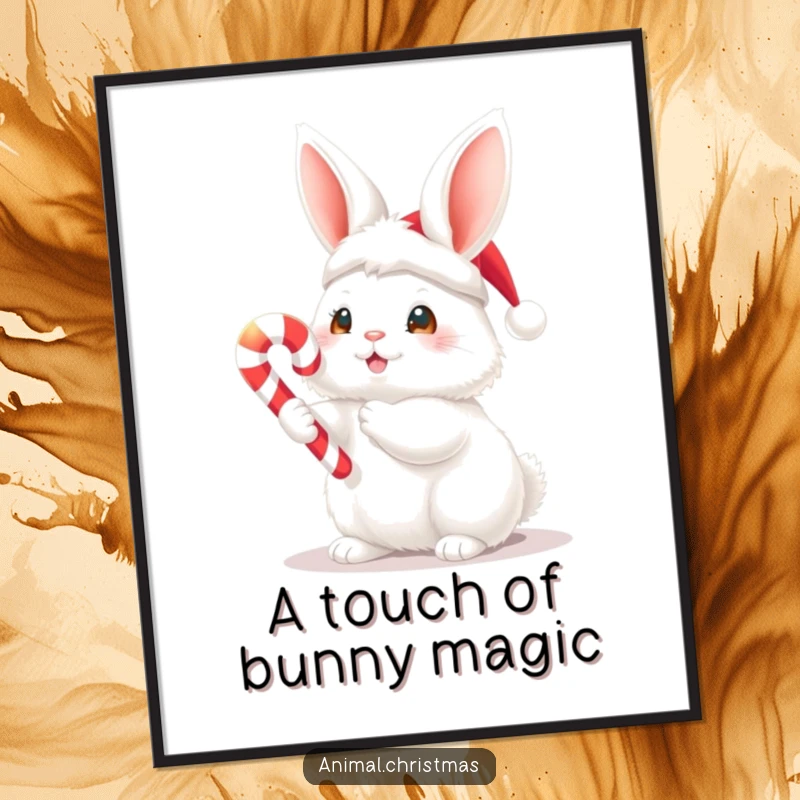 Funny Christmas digital art print of a fluffy white bunny in a Santa hat holding a glowing candy cane, suitable for instant wall decor.