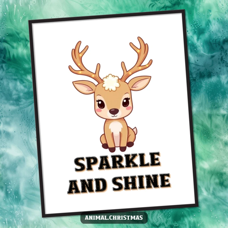 Funny deer digital art print with antlers adorned with twinkling lights, instant downloadable decor.